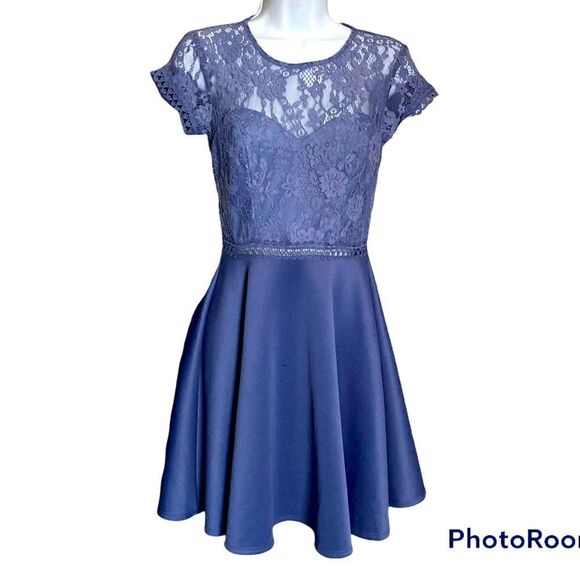 City Studios Juniors' Lace & Scuba Fit & Flare Party Dress Periwinkle - Picture 2 of 16